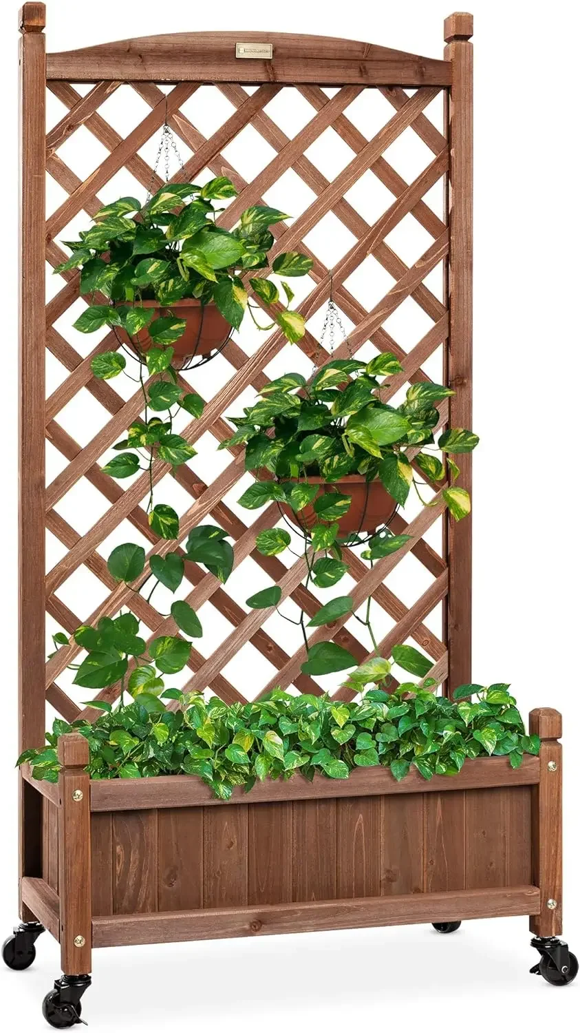 

60in Wood Planter Box & Diamond Lattice Trellis, Mobile Outdoor Raised Garden Bed for Climbing Plants w/Drainage Holes,Wheels