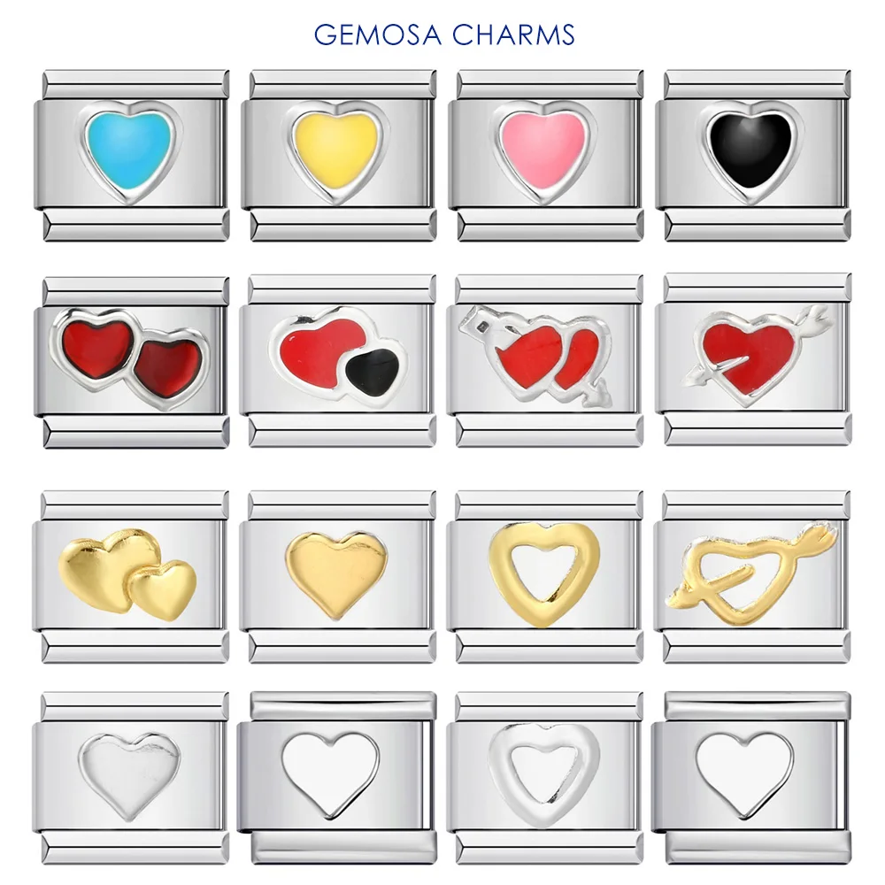 GEMOSA Fashion Men Women Colorful Heart Y2k Romantic Italian Charm Fit 9mm Stainless Steel Bracelet Beads DIY Making Jewelry