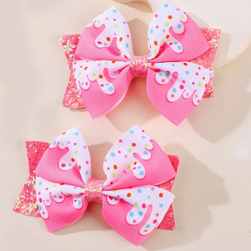 2PCS Lovely Bowknot Hair Clips For Kids Glitter Ribbon Ice Cream Print Hairpins Headwear Sweet Little Girl Hair Accessories