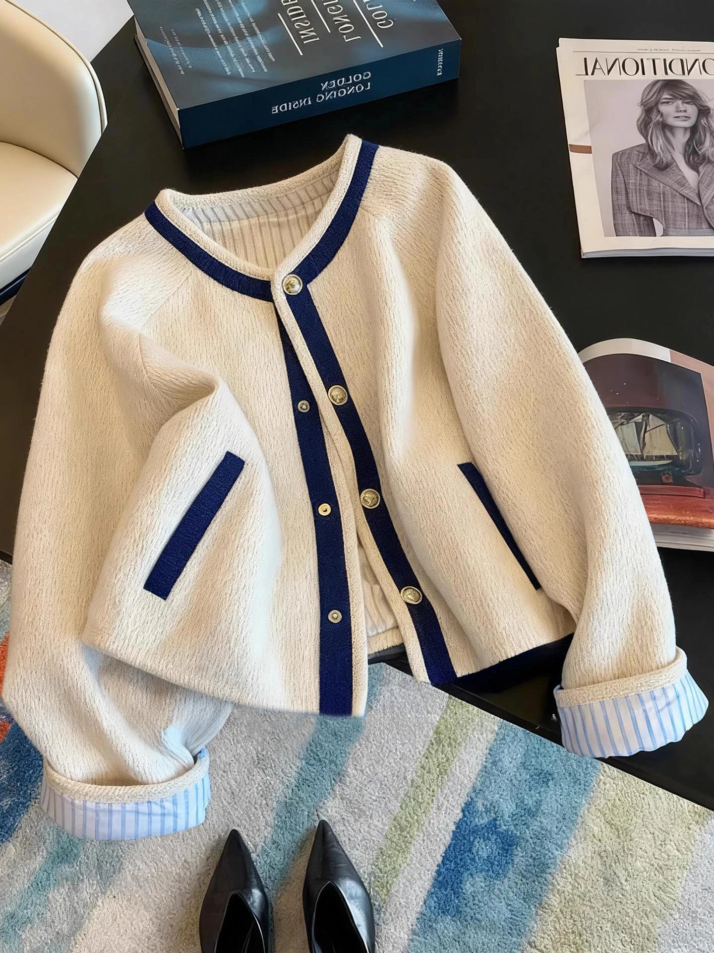 

Ретро-пальто с контрастными цветами и круглым вырезом на одной пуговице, женское, осенне-зимнее, модное, универсальное, стройнящее, топ-жакет