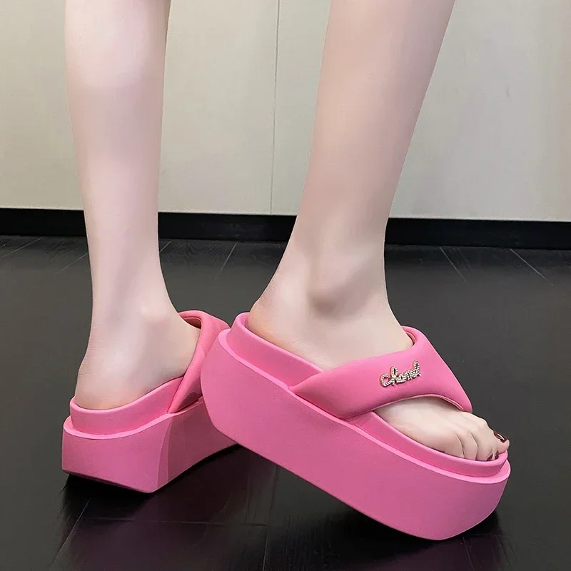 8CM Heels Wedge Slides Sandals Women Casual Outdoor Slippers Female Summer Clip Toe Beach Slippers Walking Chunky Shoes Woman