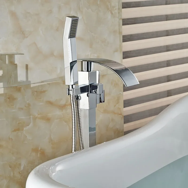 Vidric Chrome Finish Floor Standing Bath Tub Faucet Waterfall Spout Hot and Cold Bath & Shower Faucets