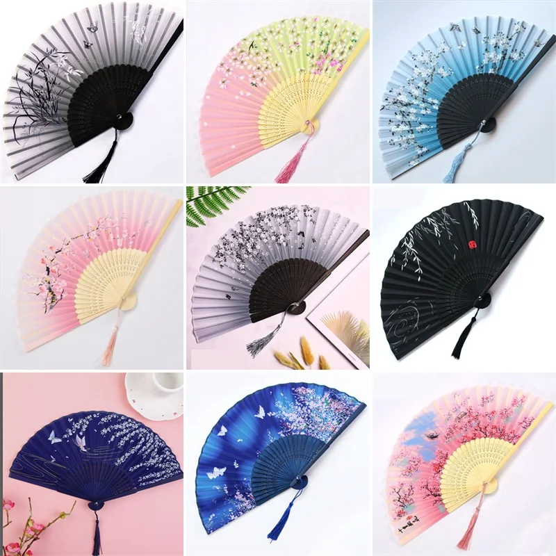 Chinese Folding Fan Wooden Shank Classical Dance Fan High Quality Tassel Elegent Female Fan