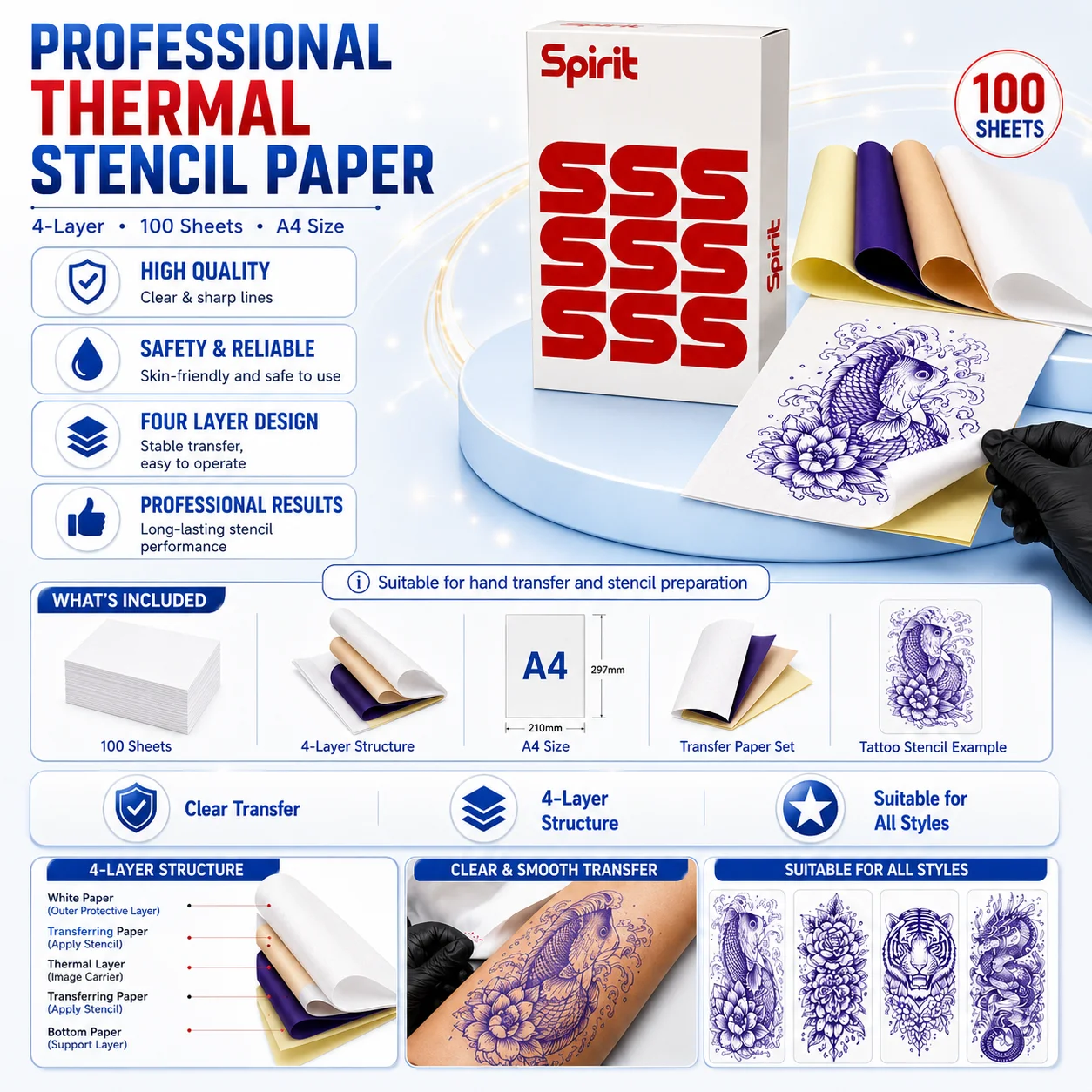 Tattoo Thermal Stencil Transfer Paper 100 Sheets A4 4 Layer Carbon Copy Paper for Tattoo Printer Machine Transfer Supplies