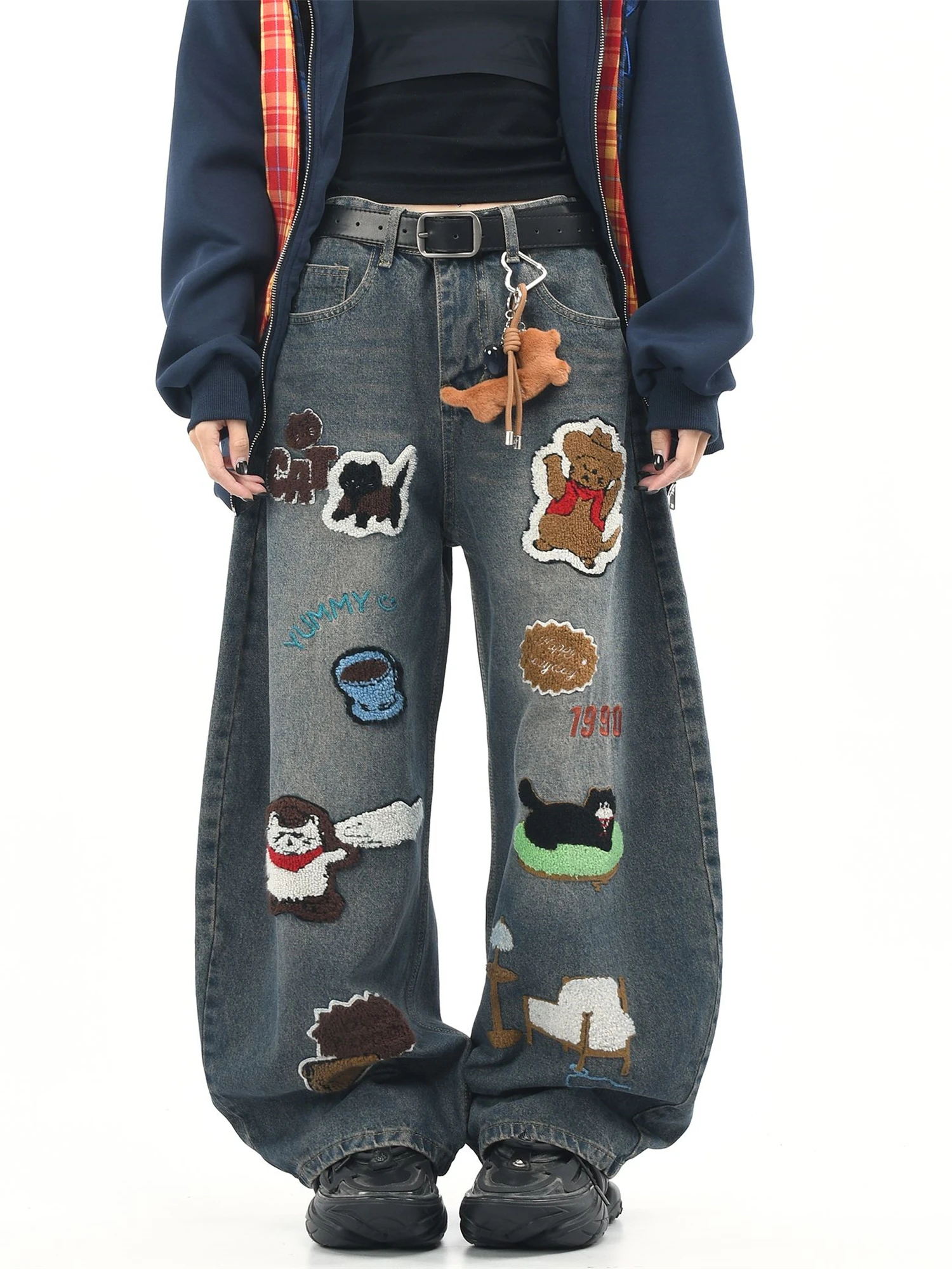 Y2K Women's Vintage Washed Wide Leg Jeans Cartoon Animal Embroidery Patchwork Loose Fit Denim Pants Streetwear Trousers