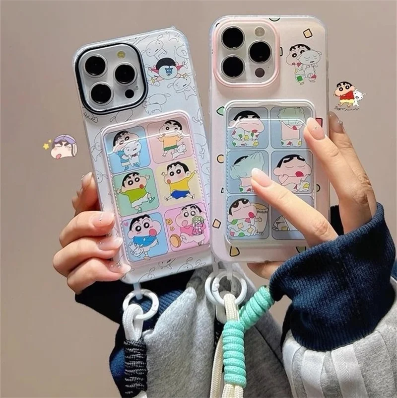 

Cute cartoon Crayon Shin -chan Wallet card bag Lanyard Phone Case For iPhone 11 12 13 14 15 16 Pro Max Soft silicone Back Cover