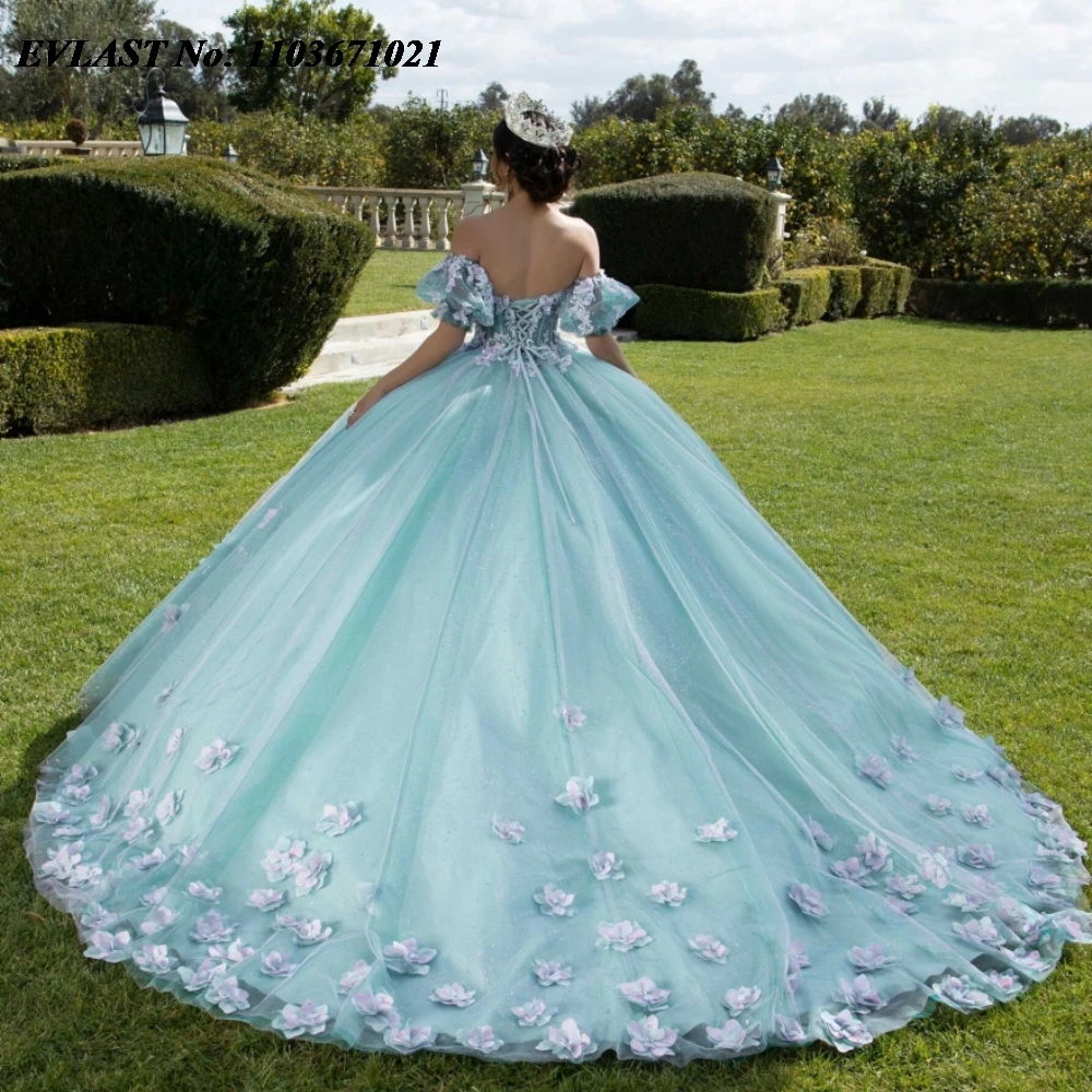 EVLAST мексиканское Бордовое платье Quinceanera бальное платье 3D Цветочная аппликация с бисером пышные рукав корсет Vestidos De XV Anos SQ301