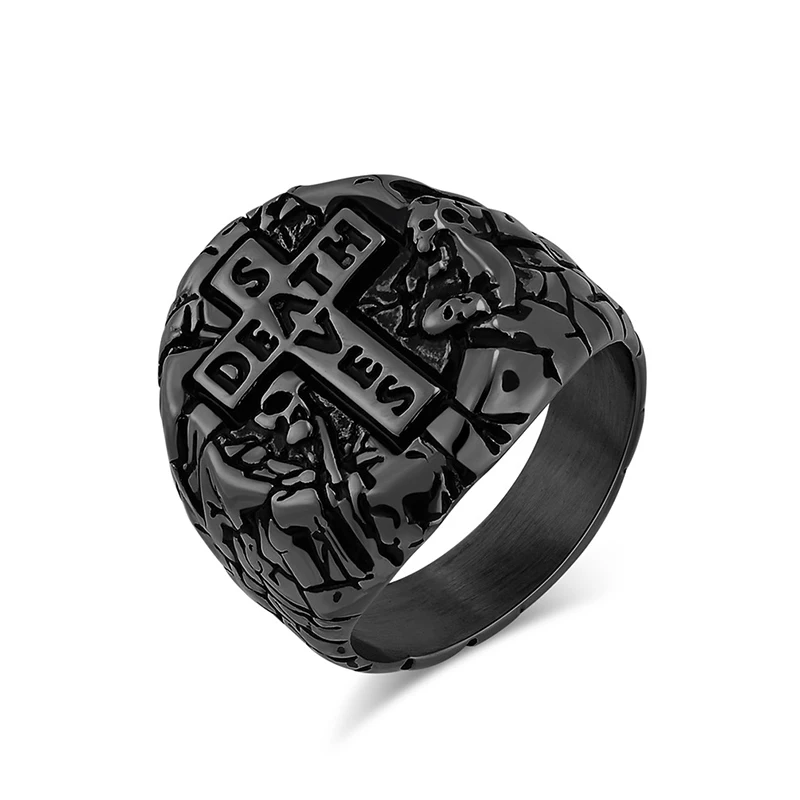 Punk Rock Titanium Steel DEATH SAVES CROSS Rings for Men Retro Jewelry Black Gold Silver Color Drop Shipping Size 8-13