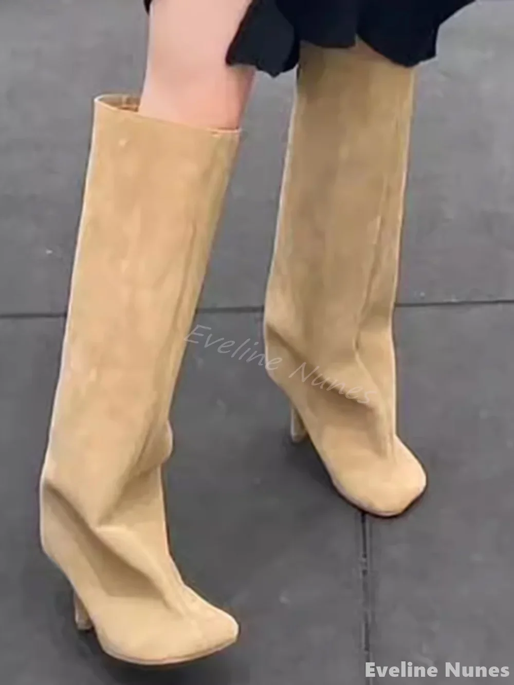 

Square Toe Suede Knee High Boots women Stiletto Heels Slip On Concise Punk Style boots 2024 new Sexy Brown Runway Party boots