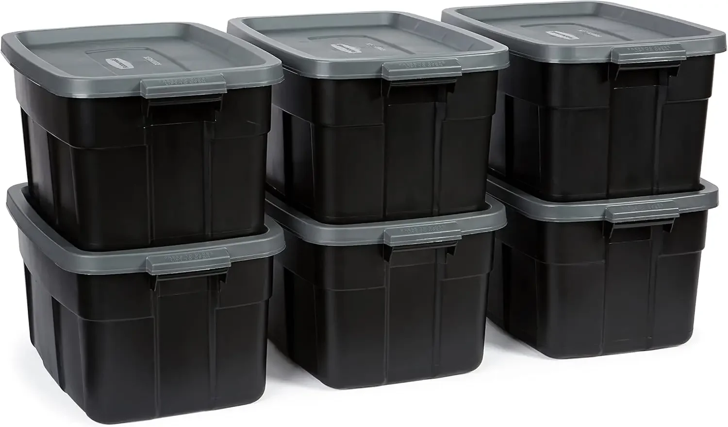

Roughneck Tote 14 Gal - 6 Pack, Made in the USA, Black & Grey, Rugged Plastic Stackable Storage Tote with Lid