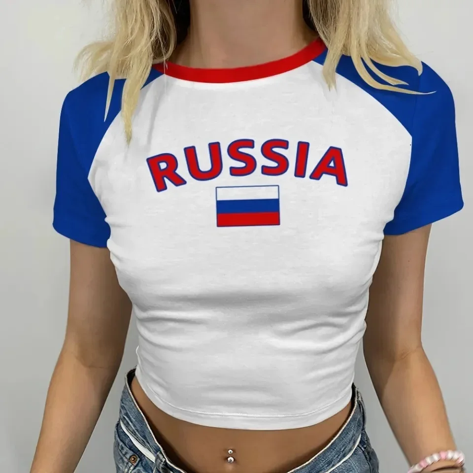 Summer Cute RUSSIA Graphic Print Crop Tops Female Fairycore Vintage E-girl Aesthetic Women's T-shirt Y2K Clothes Emo Streetwear