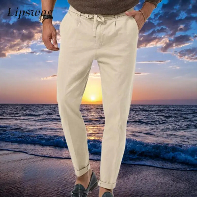 

Vintage Drawstring Straight Pants Mens Fashion Solid Color Loose Trousers Spring Autumn Daily Casual Breathable Men's Trousers