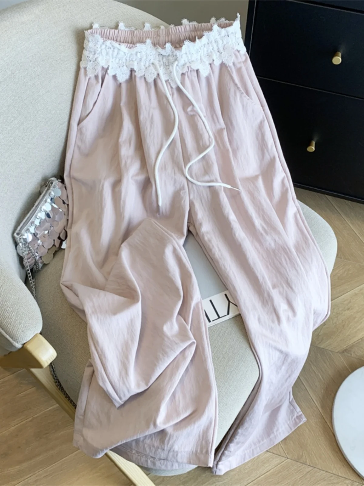 

High Waist Draped Lace Patchwork Wide Leg Pants Women's Early Spring Casual Trousers Loose Fit Natural Waist Polyester