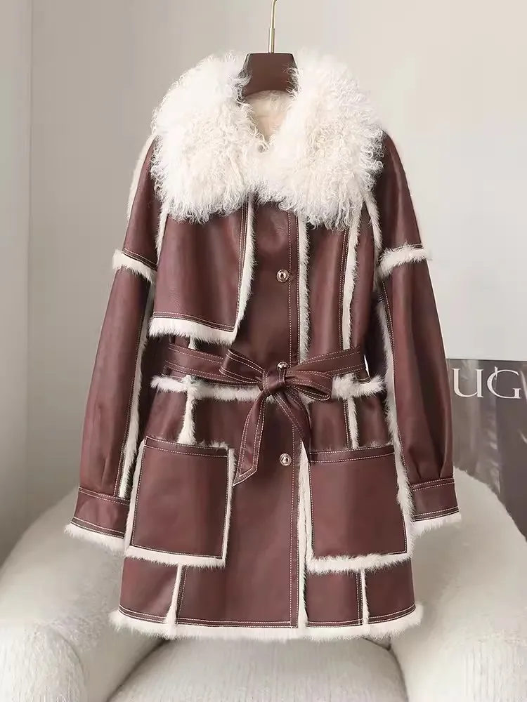 New Winter Women Fashion Warm Rabbit Fur Lining Faux Leather Coat Fashion Lamb Wool Collar Double Breasted Casual Long Jacket