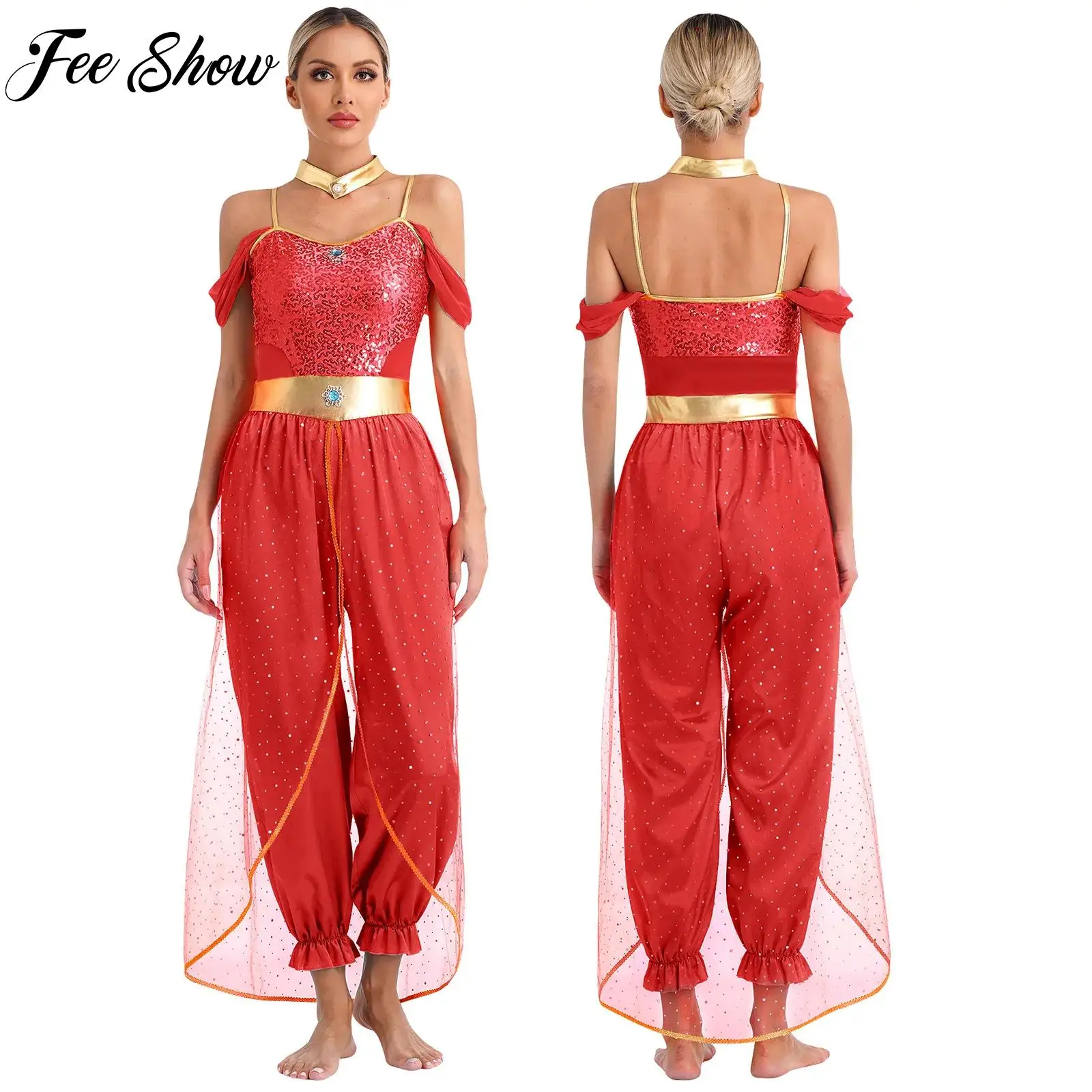 

Womens Arabian Princess Costumes Halloween Carnival Theme Party Jasmines Outfit Gems Adorned Sequin Belly Indian Dance Jumpsuit