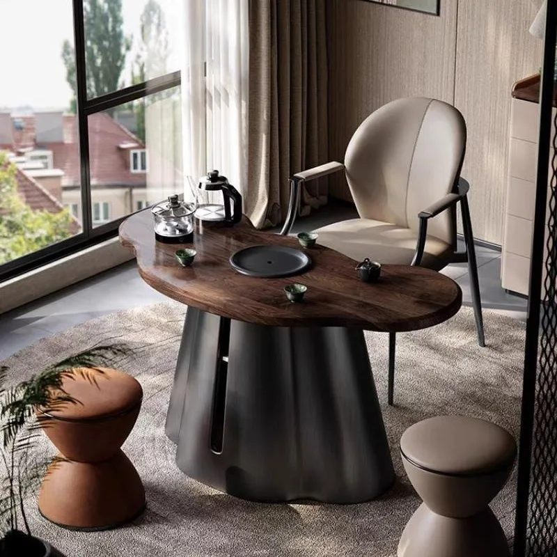 

Light Luxury Balcony North American Black Walnut Tea Table Living Room High-end Stainless Steel Tea Table Chair Leisure