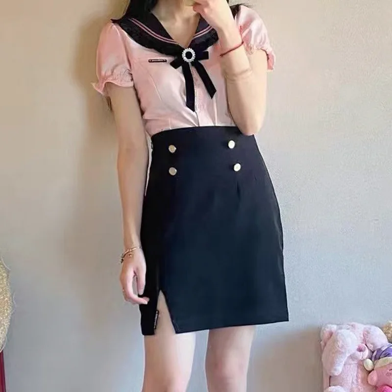 Japonês e coreano estudante universitário jk uniformes instituto camisa + saia curta ternos menina hip saia bonito doce escola vestidos