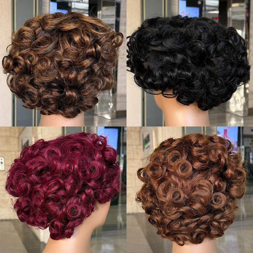 كامل آلة صنع فضفاض نطاط شعر بشري قصير الباروكات نطاط مجعد لا الدانتيل غلويليس الباروكات مع بانج عابث قطع بوب شعر مستعار للنساء