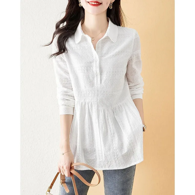 Fashion Solid Color Button Spliced Hollow Out Blouse Women\'s Clothing 2022 Autumn New Casual Pullovers Loose Office Lady Shirt