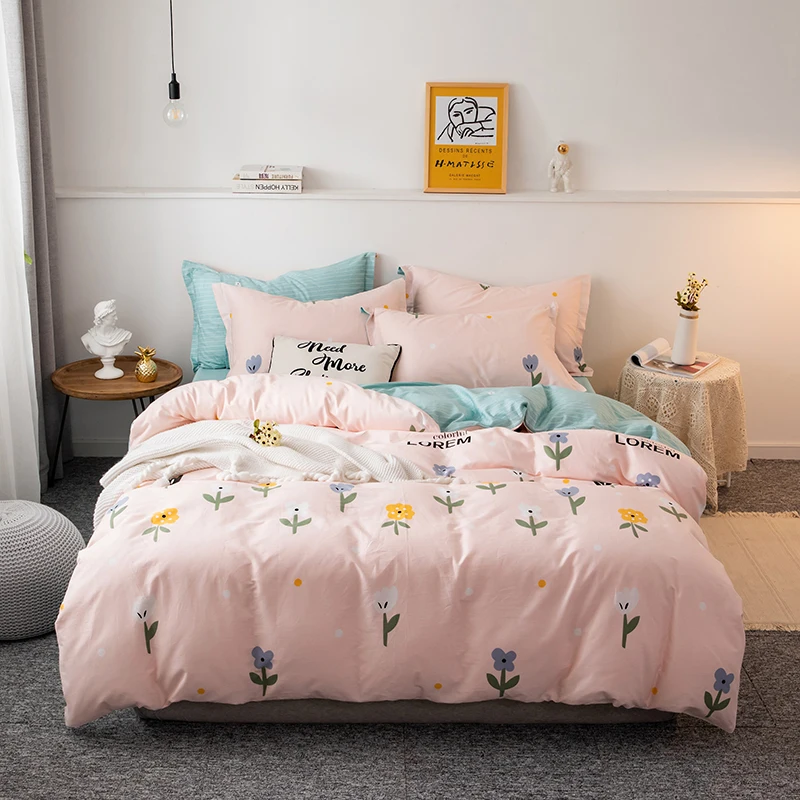 

2022 New Long-staple Cotton Four-piece Bed Sheet Star And Moon Pattern Plain Cotton Bedding Light Luxury Models Denim Pink Blue