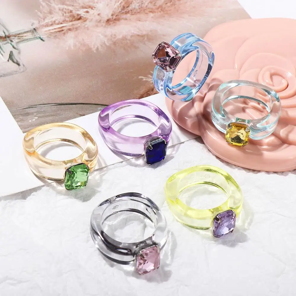 Geometric Trendy Girls Acrylic Rhinestone Jelly Color Resin Rings Finger Ring Fashion Jewelry Transparent