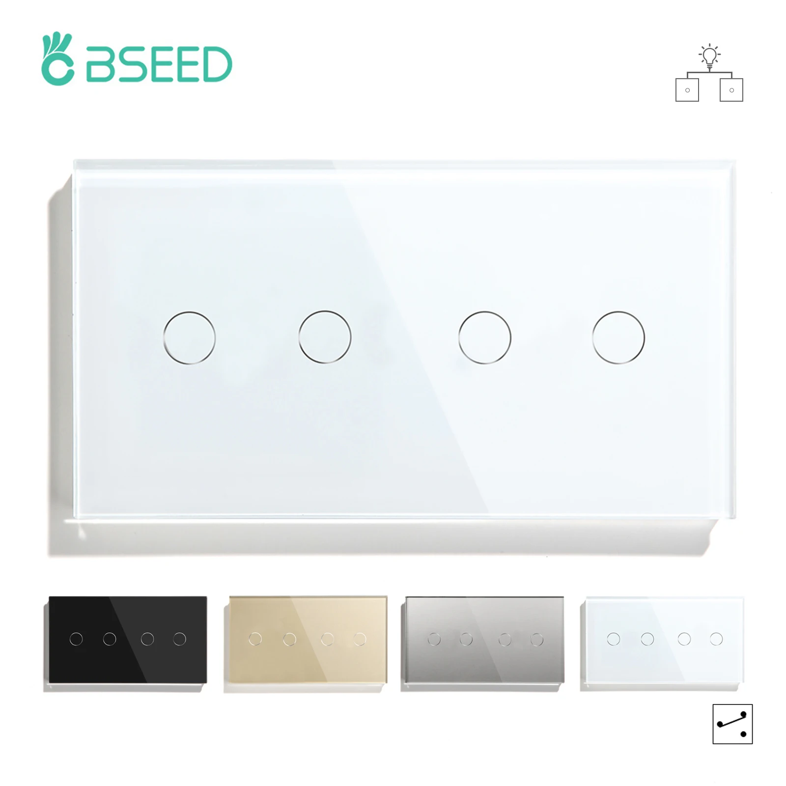 Bseed 4 Gang Touch Switch 157mm 2Way Light Switch White Black Golden Crystal Class Panel Switch Waterproof Double 2Gang Switches