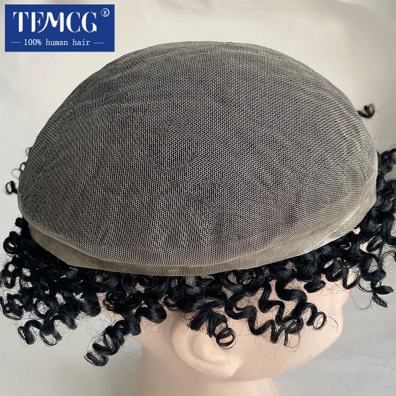 Wig keriting pria Afro rambut palsu pria sejuk renda penuh helaian rambut manusia 100% wig keriting untuk Pria Hitam sistem knalpot Wig pria