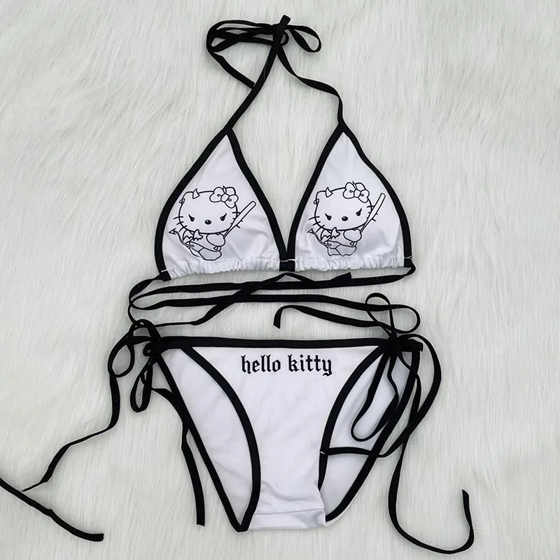 

2Pcs Sanrio Hello Kitty Bikinis Set Kawaii Y2K Summer 2024 New Women Swimsuit Beach Strappy Panties Sexy Swimwear for Girl