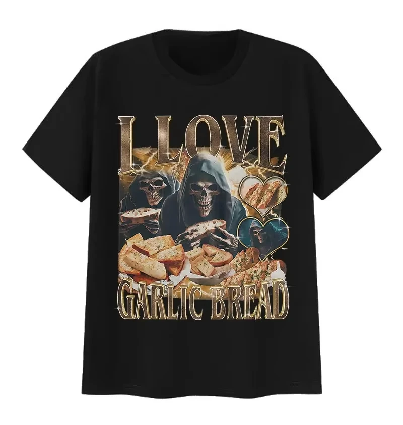 Funny Gothic Garlic Meme Vintage Skeleton Graphic Tee Unisex Crew Neck Short Sleeve Summer Dark Aesthetic Casual Streetwear Tops