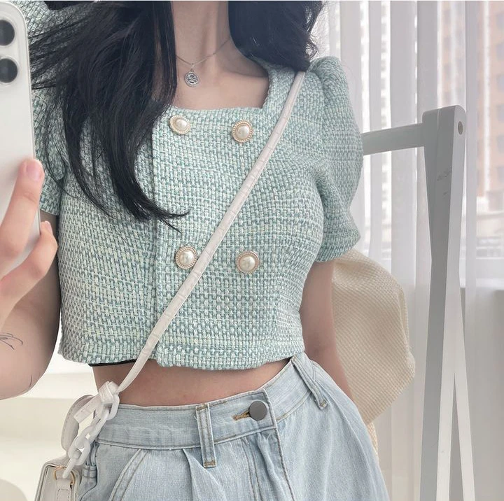 Square Chic Pearl Double Breasted Plaid Jacket Tweed Crop Tops Bubble Short Sleeve Shirts Summer Jaquetas Suits Ropa Mujer