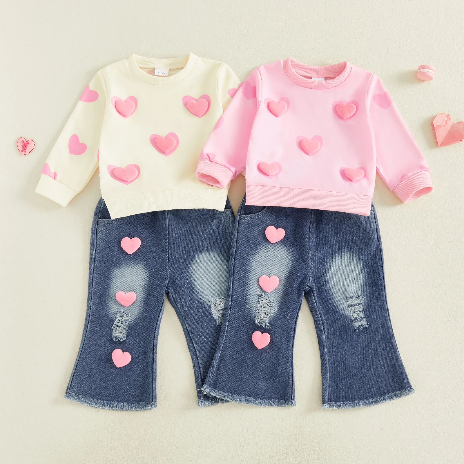 Little Girls Valentines Day Outfit Heart Long Sleeve Sweatshirt and Ripped Jeans 2 Piece Spring Set