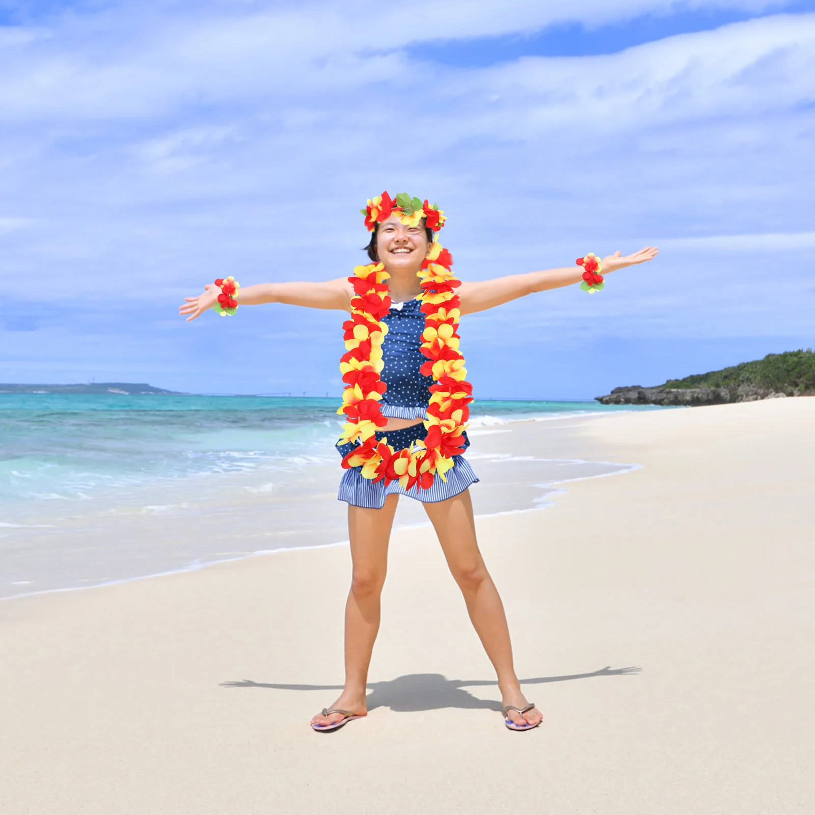 

Bright Color Comfortable Touch Hawaiian Leis Set Four Pieces Durable Cloth Material Festival Garlands Party Decorations