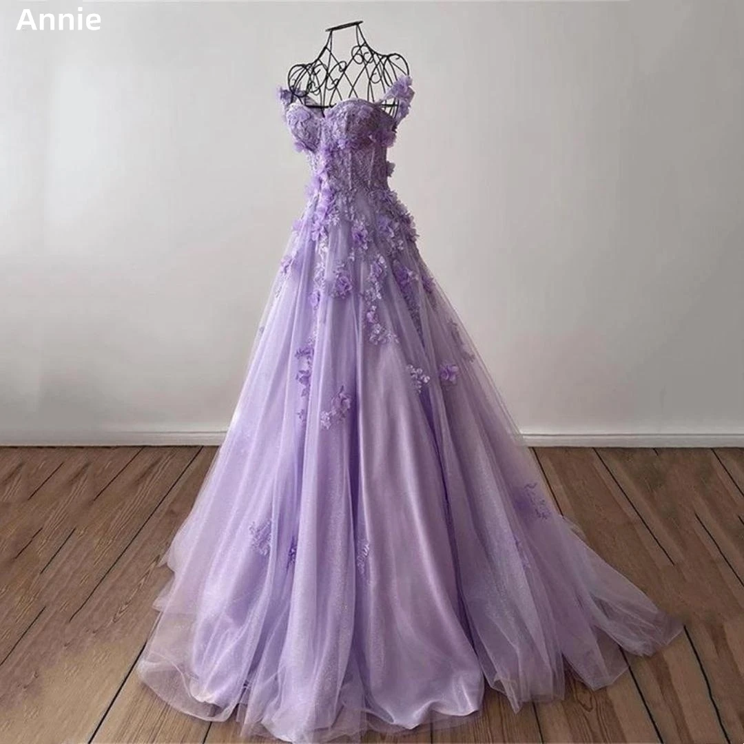 Purple Tulle Evening Dress Exquisite Graduate Prom Dresses 3D Applique Bride Wedding Formal Occasion Dress Vestidos De Noche