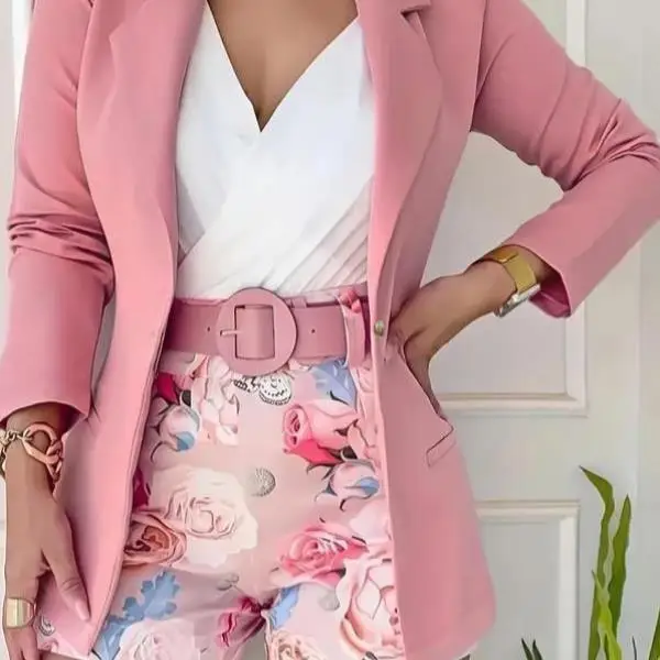 

Pure Color Button Front ket Ladies Suit Jaet Collared ort Sve T-irt And orts Set Casual Sportswear for Women