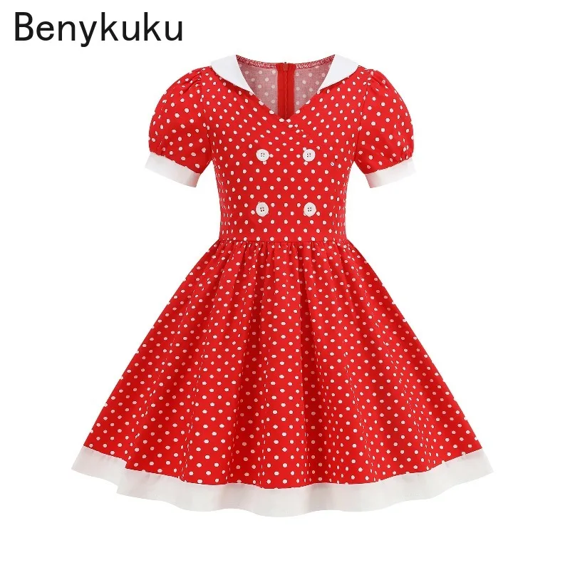 Gola de contraste bolinhas crianças vestido princesa roupas vintage crianças duplo breasted queimado hem meninas bonito vestidos plissados