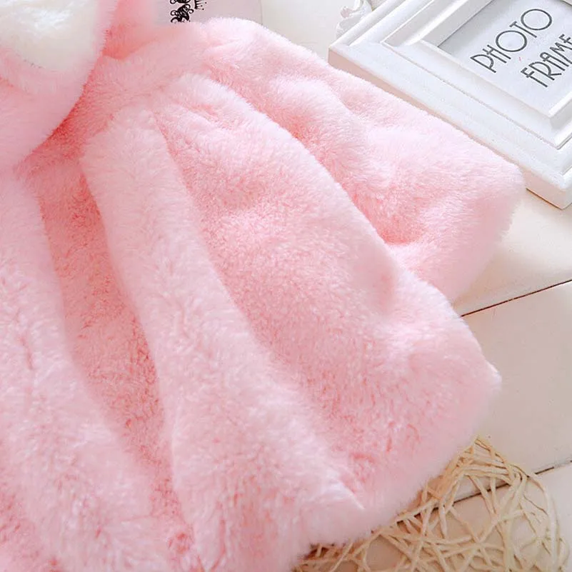 Winter Children\'s Cloak Female Baby Rabbit Ear Children\'S Clothing Coat Suitable Two tone Imitation Fur Shawl（Pink）For 0-3 Year