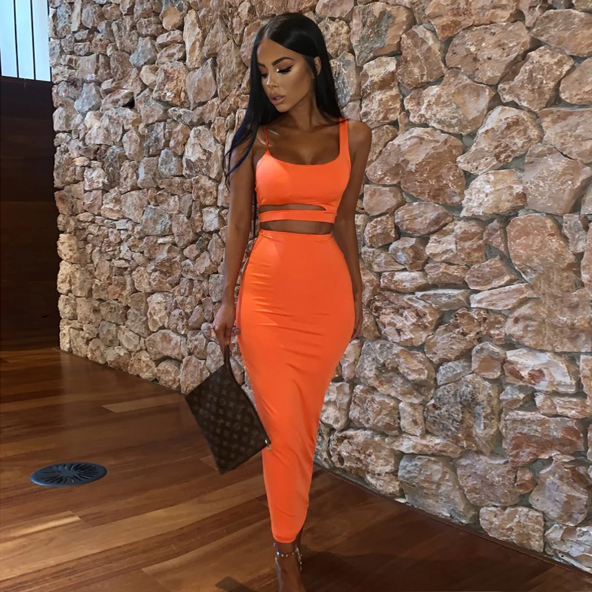 Women Orange 2 Piece Dress Set, Spaghetti Strap Cutout Crop Top and High Waist Bodycon Long Skirt Summer Party Matching Outfit