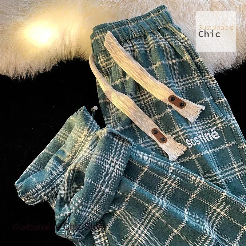 Korean style plaid wide-leg pants women retro casual sweatpants Spring and Autumn new Korean version of loose straight pants.