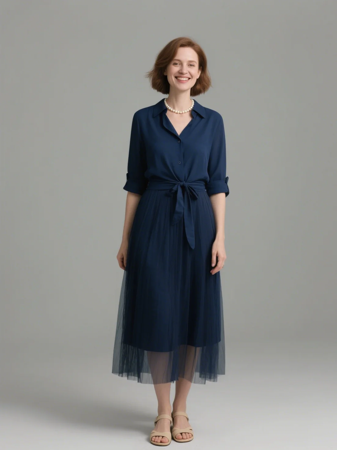 

Elegant A-Line Prom Gown Evening Gown Tea Length Shirt Collar Half Sleeve Chiffon Sash Wedding Guest Dress2025 free customized