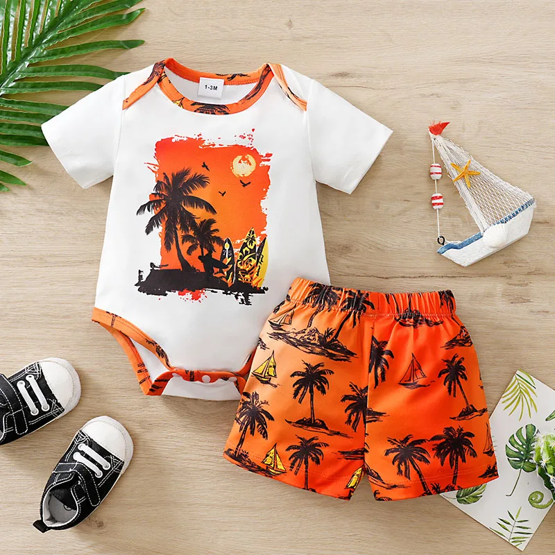 

Baby Set Triangle Jumpsuit and Shorts 2PCS Holiday Coconut Tree Seaside 0-18 Months Newborn Knitted Toddler Comfortable Trendy