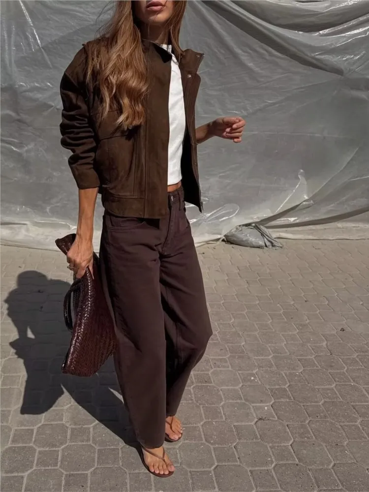 Kurtka damska NERHEFZ z kieszeniami, jesień, wysoki kołnierz, długi rękaw, zamszowa kurtka skórzana damska, płaszcze damskie, codzienne, eleganckie topy damskie