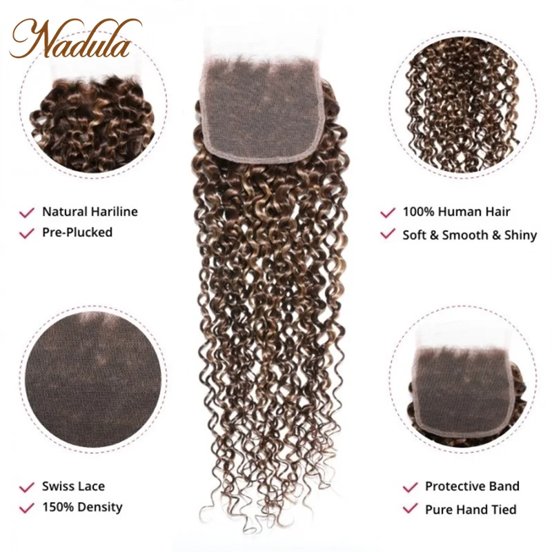 Nadula Hair Curly Lace Closure With Babyhair Free Part Brazilian Closure 100% Human Hair Remy Hair Swiss Lace Closure 14-20inch