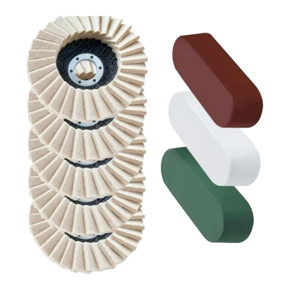 5pcs Wool Felt Polishing Wheel Set With 3 Polishing Compounds Felt Flap Polishing Disc For 125 Type 5-inch Flat Angle Grinder