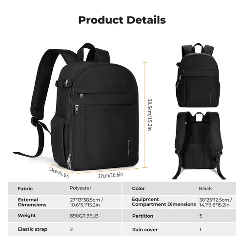 Imagen 2 del producto K & F Concept Mochila ligera para cámara de 13L, bolsa para cámara de fotógrafo de viaje para Canon Sony Nikon DSL DSLR con compartimento para trípode