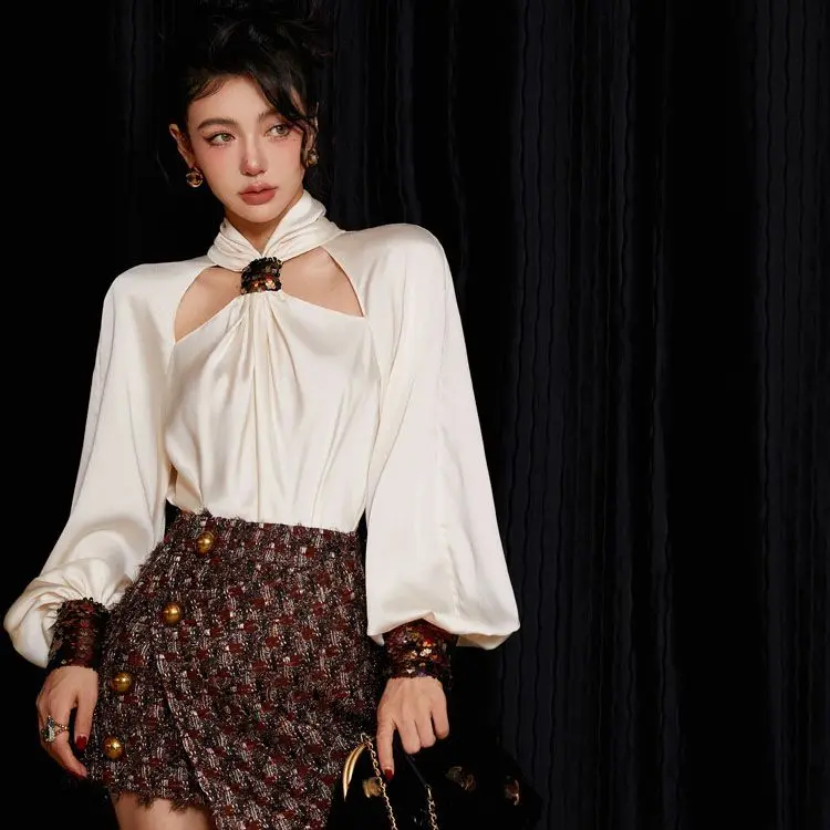 Women Suit Autumn New  Hollow Shirt Tops + Woven Asymmetrical A Half Skirt Female Fashion Runway Party Two-piece Set