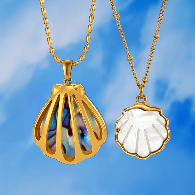 1pcs Fashion Colored Shell Hollow Shell Pendant Necklace18K Gold Color Plated Stainless Steel Shell Pendant Necklace