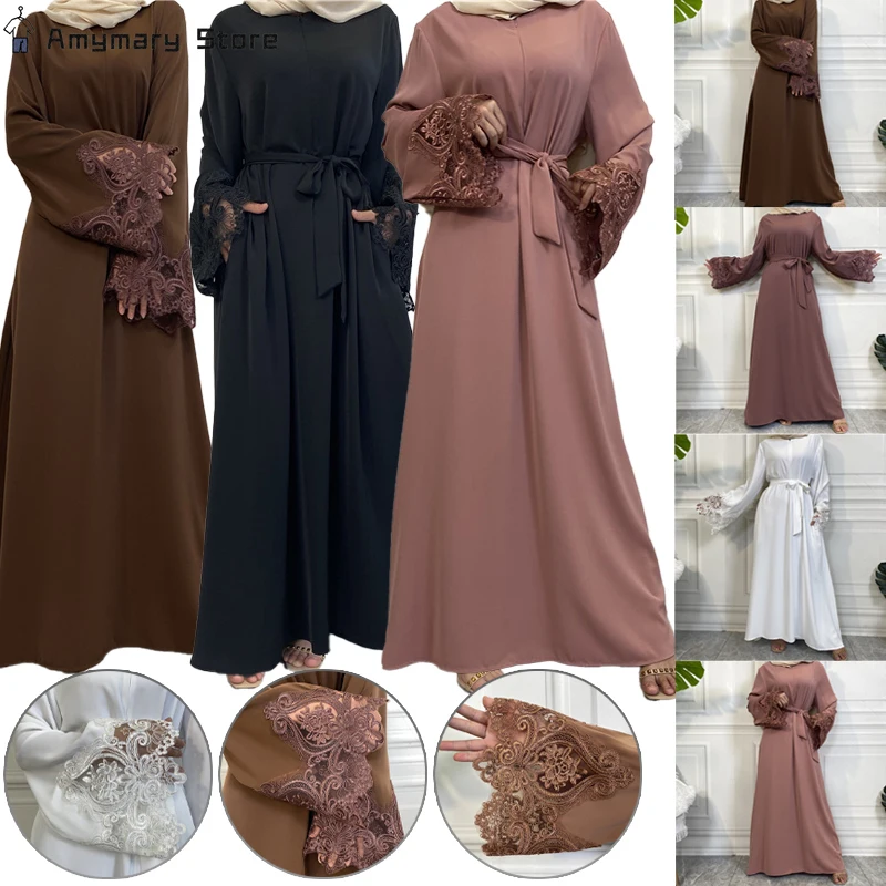 

Solid Color Flower Lace Zipper Dress Women Abaya Jilbab Kaftan Long Muslim Dress Dubai Abayas Cardigan Robe Middle East Dress