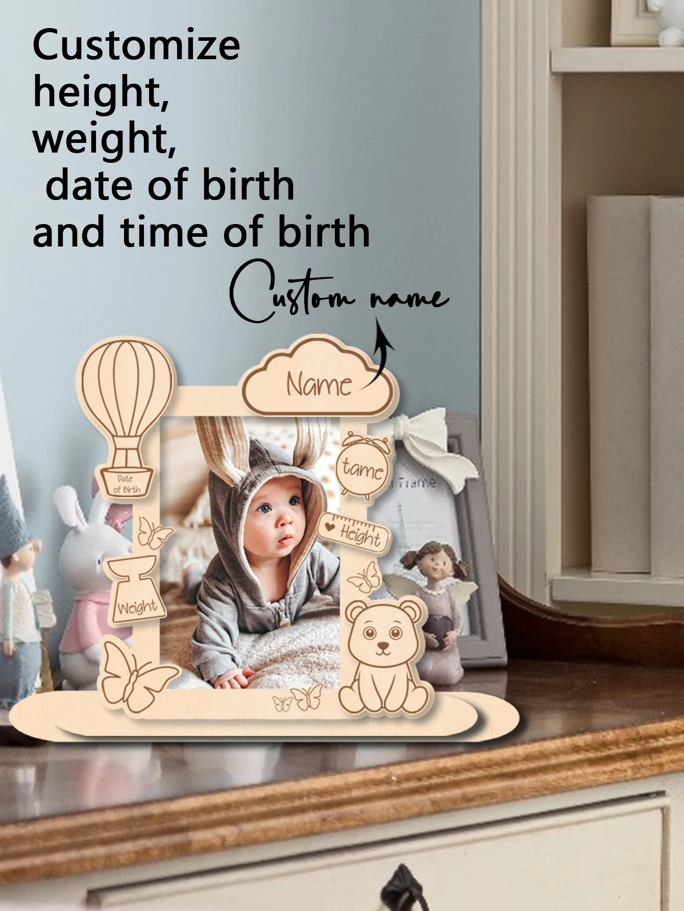 Custom Baby Wooden Photo Frame Personalized Name Birth Date Tabletop Plaque Bear Hot Air Balloon Nursery Decor Gift For Newborn