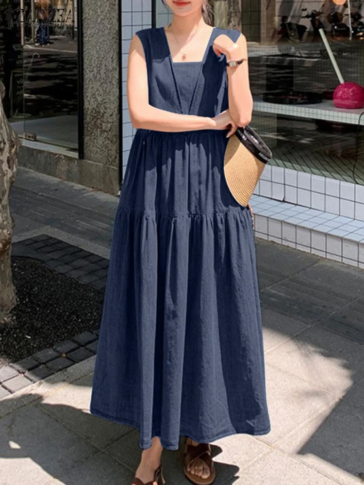 Stylish Ruffles Holiday Party Dresses 2024 ZANZEA Summer Dress Denim Blue Sundress Women Square Neck Sleeveless Holiday Robe