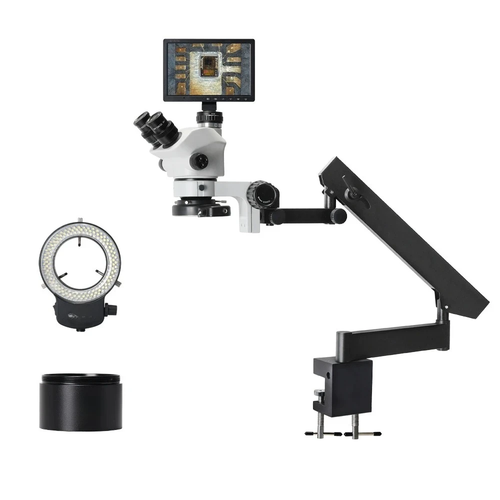 

10 inch with screen 3.5-50 times three-eye microscope swing arm universal continuous zoom repair circuit board tool